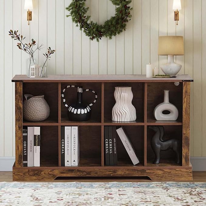 8 Cube Storage Organizer, 2 Tier Bookshelf for Living Room, Farmhouse Bookcase with Led, Kids Toy Storage Cabinet, Wall Cubby Shelves for Home Decor, Wood Display Cabinet for Bedroom, Brown