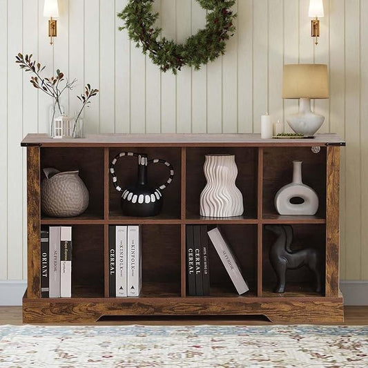 8 Cube Storage Organizer, 2 Tier Bookshelf for Living Room, Farmhouse Bookcase with Led, Kids Toy Storage Cabinet, Wall Cubby Shelves for Home Decor, Wood Display Cabinet for Bedroom, Brown