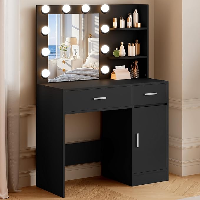 Lighted Makeup Vanity Desk, 35.4”W x 15.7“D x 54”H, Black (with Lights and Mirror, Dimming Function, 2 Drawers and 1 Cabiniet, Open Shelves)