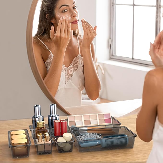 WOWBOX 44 PCS Clear Plastic Drawer Organizer Set, 4 Varied Size storage Bins and Desk Drawer Organizer Trays for Makeup, Gadgets, Jewelry and Utensils in Bathroom, Bedroom and Office, Clear Black