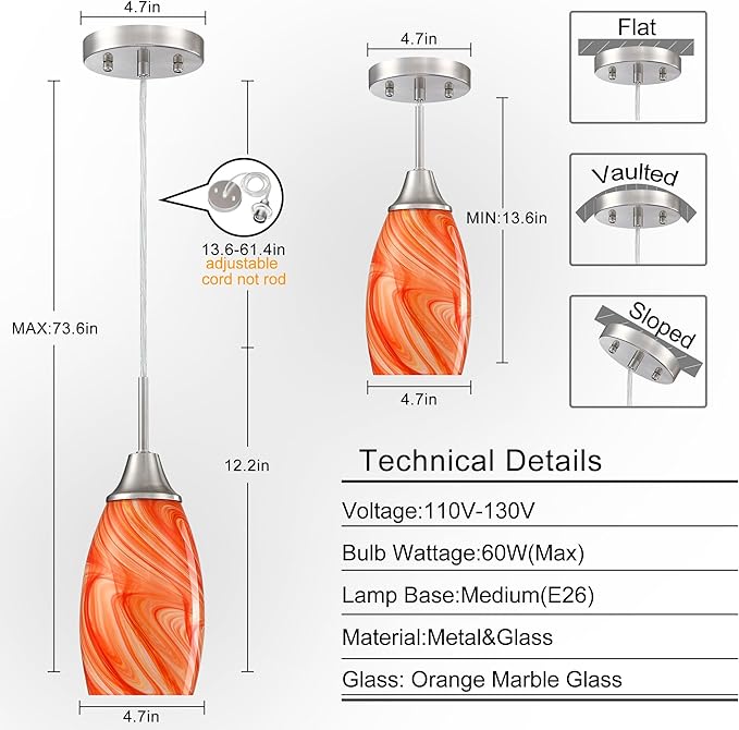 Mini Glass Pendant Light 4.72" with Handblown Orange Marble Art Glass Hanging Light 1-Pack Oval Ceiling Hanging Light Fixture for Dining Room Kitchen Island Cafe Foyer Hallway