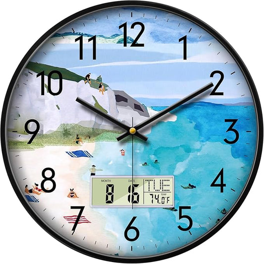 Silent Wall Clock with Temperature Day and Date Blue Mountain and Sea Beach Non-ticking Kitchen Clock Digital Large Display Battery Operated Clocks Decor for Bathroom Living Room Office 14 Inch