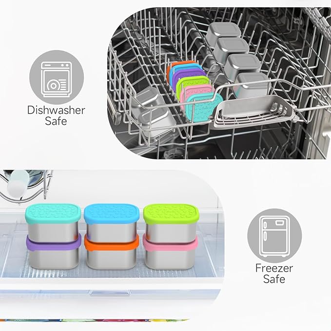 SOPHICO Stainless Steel Snack Containers for Kids, 8 oz Small Food Storage Container 1 Cup with Silicone Lid - Perfect 304 Metal Toddler Lunch Box for Daycare and School, Leak Proof (8oz, 6 Pack)