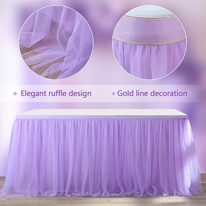 2 Pack 6ft Lavender Table Skirts for Rectangle Tables or Round Tables Lavender Ruffle Tulle Tutu Tablecloth for Girls Baby Shower Birthday Party Wedding Cake Dessert Table Decorations