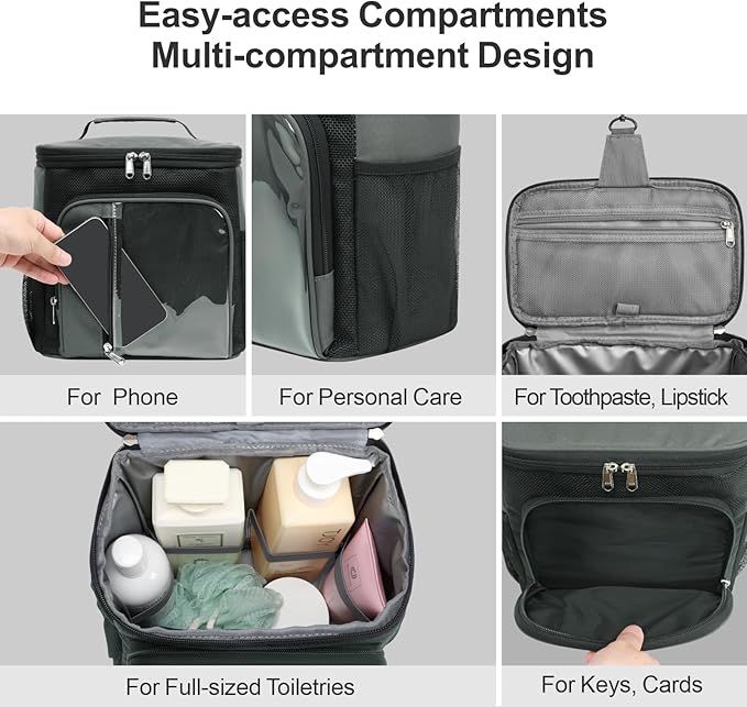 F-color Hanging Shower Caddy Portable - College Dorm Essentials for Guys with Hooks, Quick-Dry Shower Bag for Dorm Travel Gym Camping Essentials, Water-Resistant with Multiple Pockets, Dark Grey