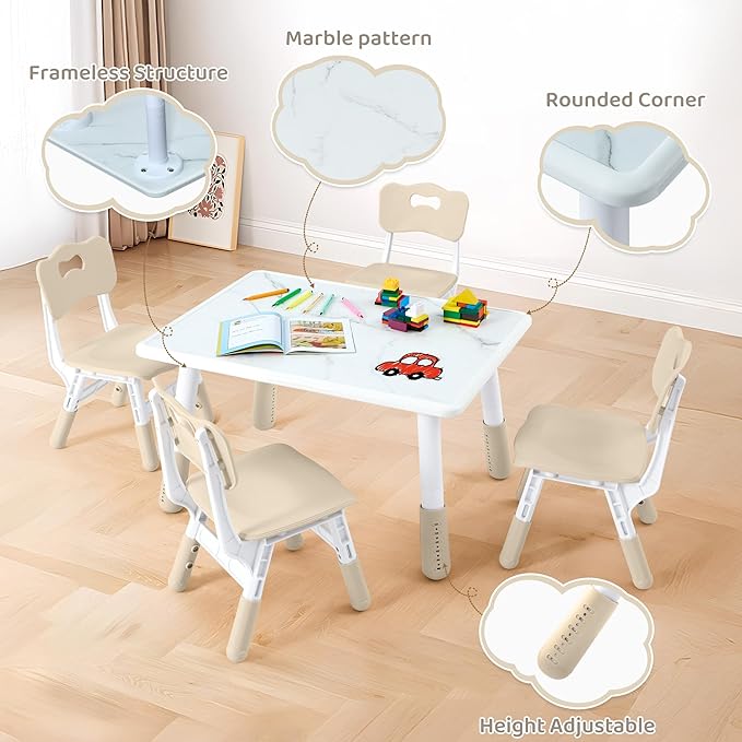Toddler Table and 4 Chairs Set, Height Adjustable Kids Table and Chairs, 31.5''L x 23.6''W, Marble Pattern & Graffiti Desktop, Children Multi-Activity Table for Home/Daycare/Classroom