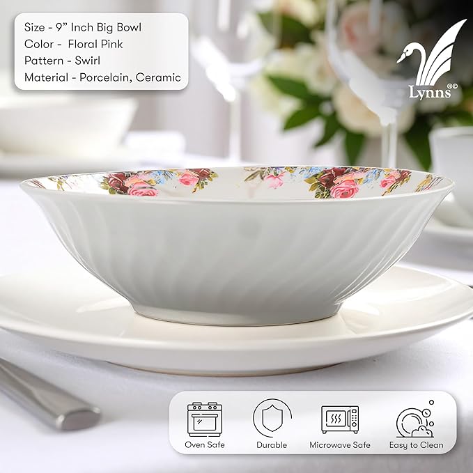 Lynns Paradise Philomena 9-Inch Big Bowl, Set of 3, Pink; Heavy Duty; Chip Resistant; Lead and Cadmium Free; Freezer to Oven Safe up to 500°F