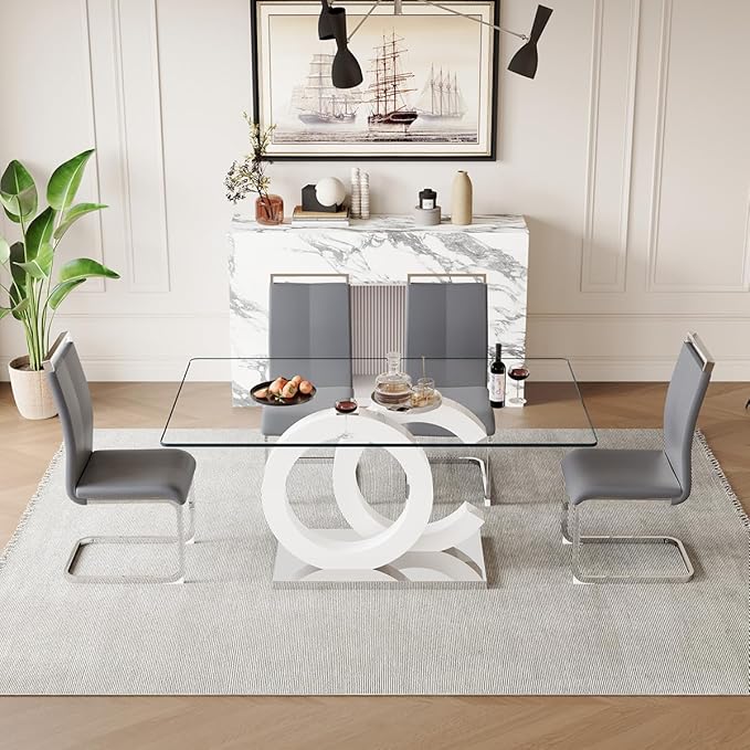 63'' Glass Dining Table Set for 4, Kitchen Table Chairs Set of 4, Clear Glass Dining Table with White unique design Leg and Silver Metal Base, 4 PU Dining Chairs with Metal Legs, Living Room, Kitchen.