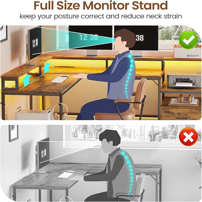 SEDETA L Shaped Office Desk, 66" Corner L Shaped Computer Desk with File Drawer & Power Outlet for Home Office, Gaming Table with Led Lights, Monitor Shelf, Printer Storage Shelves, Rustic Brown