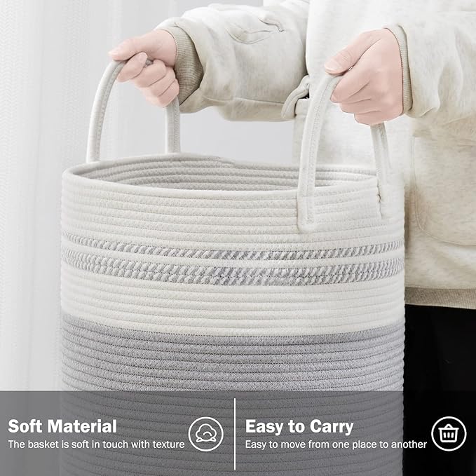 Woven Rope Laundry Hamper Basket, 58L Tall Luandry Basket, Baby Nursery Hamper for Blanket Storage, Clothes Hamper for Laundry in Bedroom-Grey