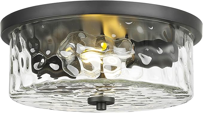 Modern Flush Mount Light, Farmhouse Close to Ceiling Lighting, Hammered Glass Light for Bedroom, Living Room, Kitchen Island (Black, 13" D)