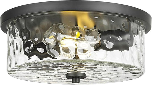Modern Flush Mount Light, Farmhouse Close to Ceiling Lighting, Hammered Glass Light for Bedroom, Living Room, Kitchen Island (Black, 13" D)