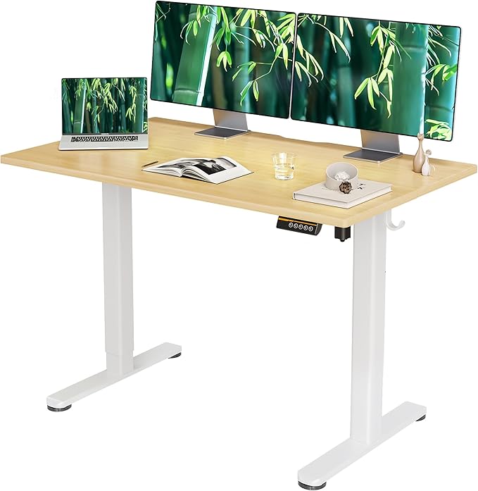 Claiks Bamboo Electric Standing Desk, Adjustable Height Stand up Desk, 48x24 Inches Sit Stand Home Office Desk with Splice Board, White Frame/BambooTop