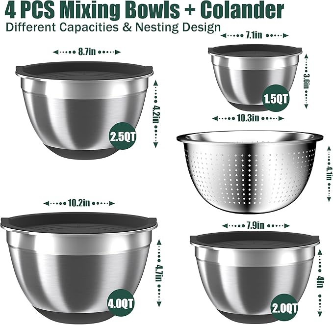 Mixing Bowls with Airtight Lids Set, 4 Stainless Steel Bowls Nesting Bowls & Colander, Kitchen Organizers and Storage Non-Slip Bottom, Size 1.5/2.0/2.5/4.5QT, Great for Mixing & Serving, Black