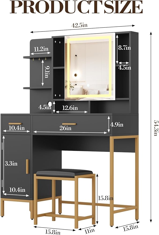 IDEALHOUSE Vanity Desk with Mirror and Lights, 42.5" Makeup Vanity Set with Stool, Makeup Table with Mirror Cabinet and Chair, Drawers & Shelves, Dressing Table with Outlet for Bedroom, Black