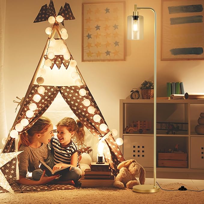 Floor Lamps for Living Room - Industrial Standing Lamp with Glass Shade, Modern Gold Floor Lamp with LED Bulbs, Farmhouse Floor Lamp for Bedroom, Tall Lamp for Office - Gold