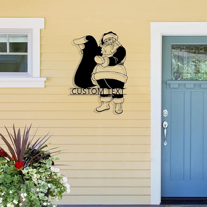 Personalized Christmas Santa Claus Metal Sign, Custom Name Santa Claus Metal Sign Wall Decor, Merry Christmas Holiday Wall Decoration for Home Living Room, Bedroom, Office, Garden, Porch