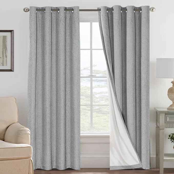 H.VERSAILTEX Linen Blackout Curtains 96 Inches Long, 100% Absolutely Blackout Thermal Insulated Textured Linen Look Curtain Draperies for Living Room with White Liner, 2 Panels, Dove Gray