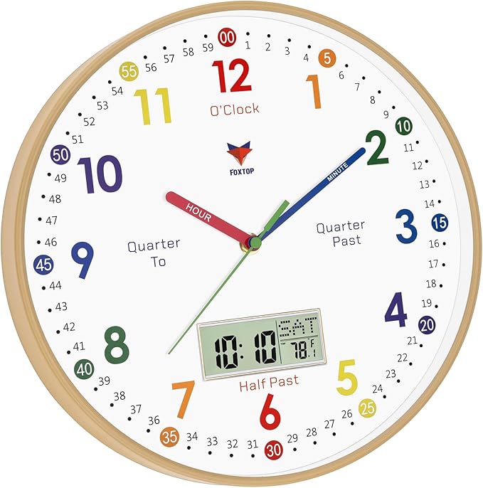 Foxtop Digital and Analog Learning Clock for Kids - Telling Time Teaching Clock 12 Inch Silent Non-Ticking Battery Operated Kids Wall Clock for Playroom Nursery Classroom School