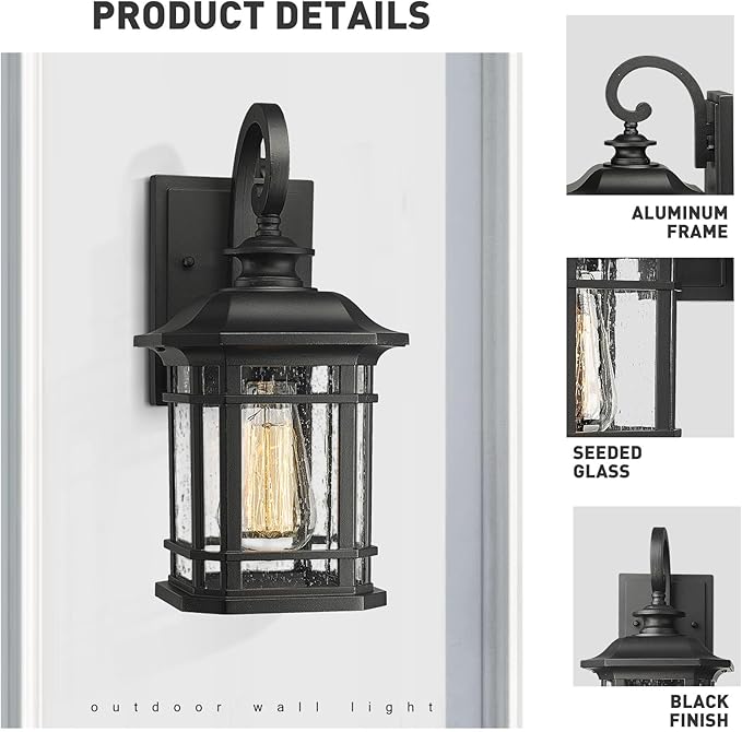 Emliviar Outdoor Wall Lantern Lights, 1-Light Exterior Wall Sconce Lamp, Black Finish with Clear Seeded Glass, 2084B BK