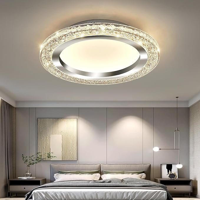 UOFUS 32W LED Flush Mount Ceiling Light Chrome 15.7inch Modern Round Ceiling Light Fixture 3000K-6000K Super Bright Circle Ceiling Lamp for Bedroom Kitchen Dining Room Entryway Hallway Foyer