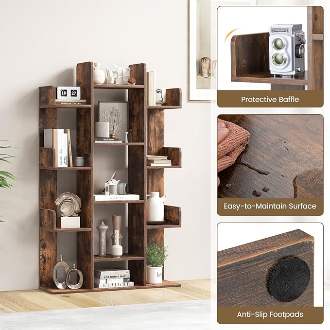 Tangkula Freestanding Tree Bookshelf, Corner Storage Organizer with 13 Open Shelves, Decorative Display Cube Shelf for Living Room, Study, Office, 34 x 9.5 x 55.5 Inch (2, Rustic Brown)