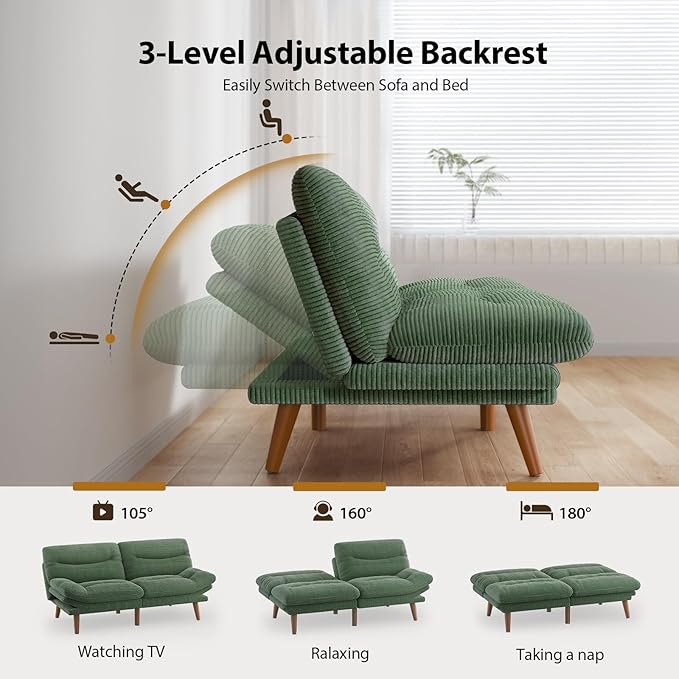 Pipishell Convertible Futon Sofa Bed,66" Corduroy Futon Couch with Adjustable Backrest and Armrests, Recliner Sleeper Sofa for Small Spaces, Play Room or Office, Green