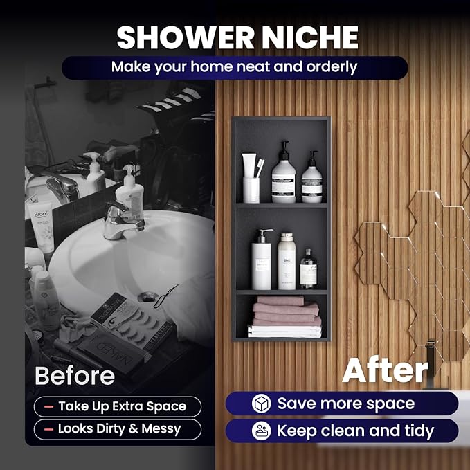Stainless Steel Shower Niche 12" X 29"，3-Tier Recessed Wall Niche No Tile Needed Shower Shelf for Bathroom Storage (4x12x29 Black)
