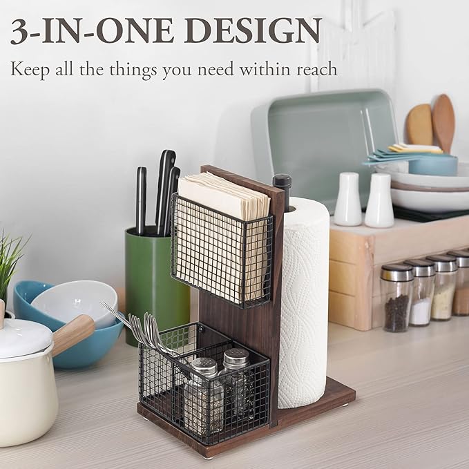MyGift 3-in-1 Kitchen Organizer with Paper Towel Holder, Napkin Holder & Spice Rack - Rustic Wood & Industrial Metal Pipe Caddy for Farmhouse Dining Table