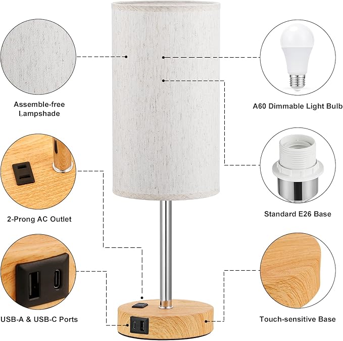 Touch Table Lamp - Cream, 3-Way Dimmable, USB A + C Charging, AC Outlet, 17.4inch Medium, Wood Grain Base