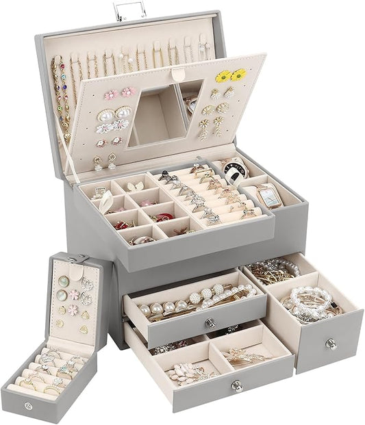 DesignSter Jewelry Organizer Box, 3 Layers Large Jewelry Box with Travel Jewelry Case and Removable Tray, Jewelry Storage Case with Mirror for Necklaces Earrings Rings Bracelets Watches (Gray)