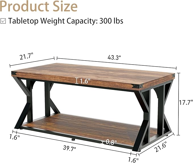 43” Industrial Coffee Table, 2-Tier Farmhouse Center Table with Storage Shelf, Angle Iron Top & Metal Frame, Living Room Cocktail Table, Rustic Brown