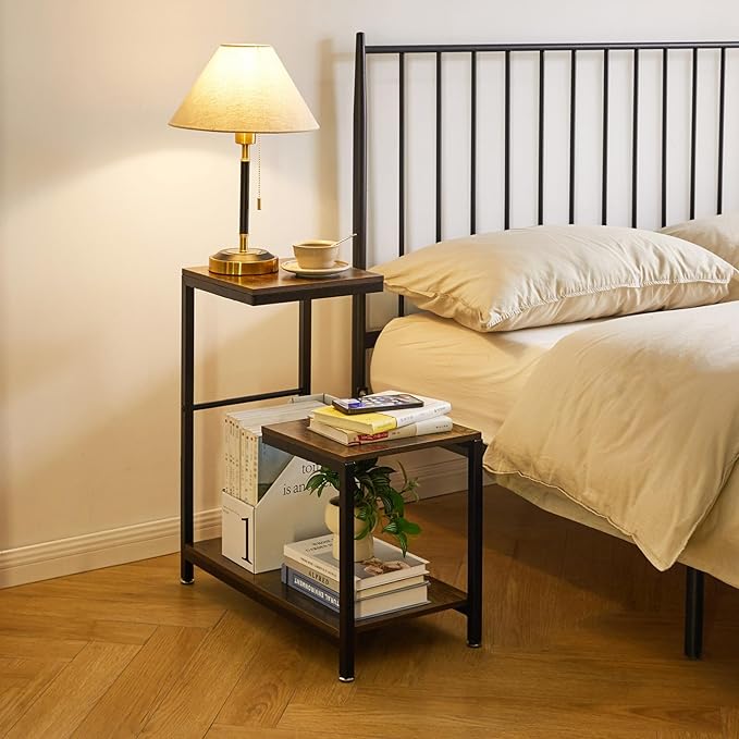 G-Shaped End Table, 3 Tier Side Table with Metal Frame for Living Room Corner Tables, Balcony, Couch, Bedroom Rustic Brown YD-TM053H