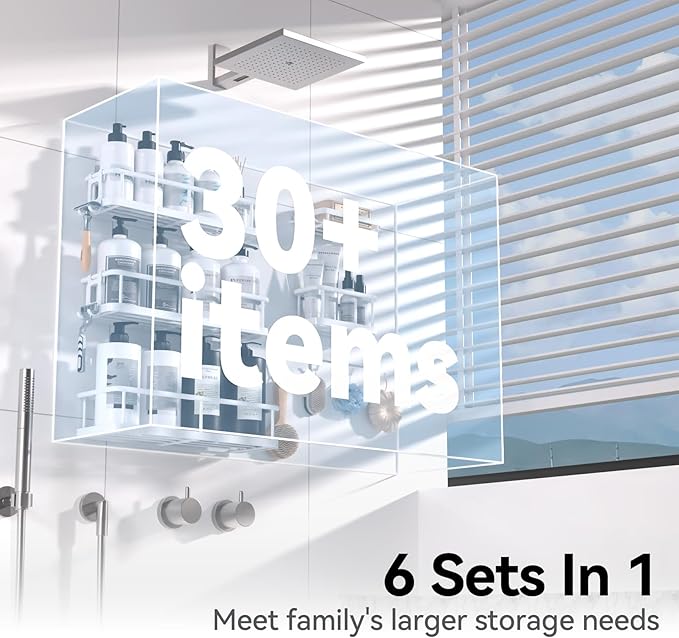 YASONIC Shower Caddy, 6 Pack Large Capacity shower organizer with Soap Holder and 12 Hooks, Rustproof Shower Shelves for Inside Shower, No Drilling&Sleek Bathroom Organizers and Storage White