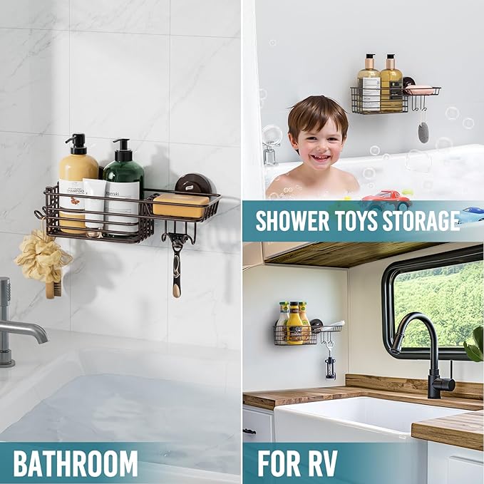 TAILI Shower Caddy Suction Cup with Hooks & Soap holder, Heavy Duty Bathroom Shower Organizer, No Drilling Shelves for Inside bathroom, Metal Black Storage Basket-Brown