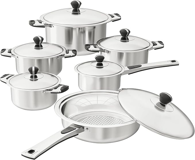 Stainless Steel Cookware Set, 12-Piece Nonstick Stainless Steel Pan Set, D5-Ply Base for Even Heating, Dishwasher Safe, Vented Glass Lids, Heavy-Duty, Especially for Home & Beginner Cooking