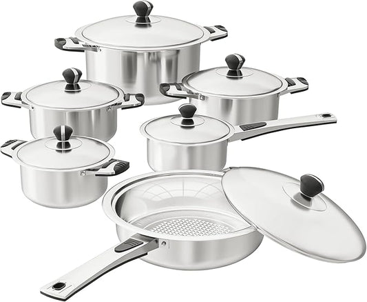 Stainless Steel Cookware Set, 12-Piece Nonstick Stainless Steel Pan Set, D5-Ply Base for Even Heating, Dishwasher Safe, Vented Glass Lids, Heavy-Duty, Especially for Home & Beginner Cooking