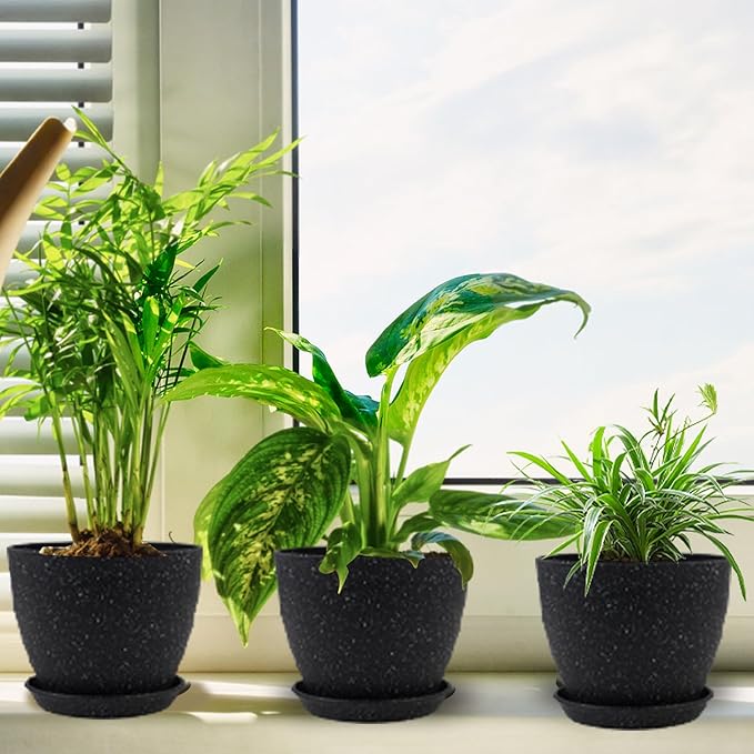 Plant Pots 8.5/7.5/6.5/6 Inch, 4 Pack for Indoor Plants, Modern Decorative Plastic Planters with Drainage Holes and Saucers for House Indoor Outdoor Flower