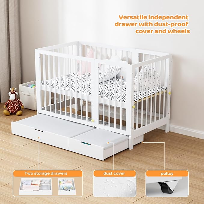JOYMOR 8 in 1 Convertible Crib with Changer, Include 2” Mattress, Converts to Bassinet, Mid Crib, Full Size Crib, Daybed,Toddler Bed and Playard (Crib with Drawer, White)