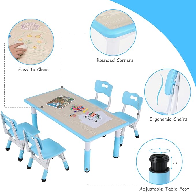 Arlopu Kids Table and 4 Chair Set, Height Adjustable Toddler Table and Chair Set, Non-Slip Legs, Graffiti Desktop, Large Children Activity Table, Reading Daycare Classroom Home (Blue)