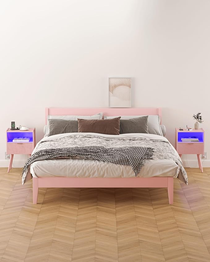 Pink Nightstand, Modern Bedside Table with Charging Station and LED Lights