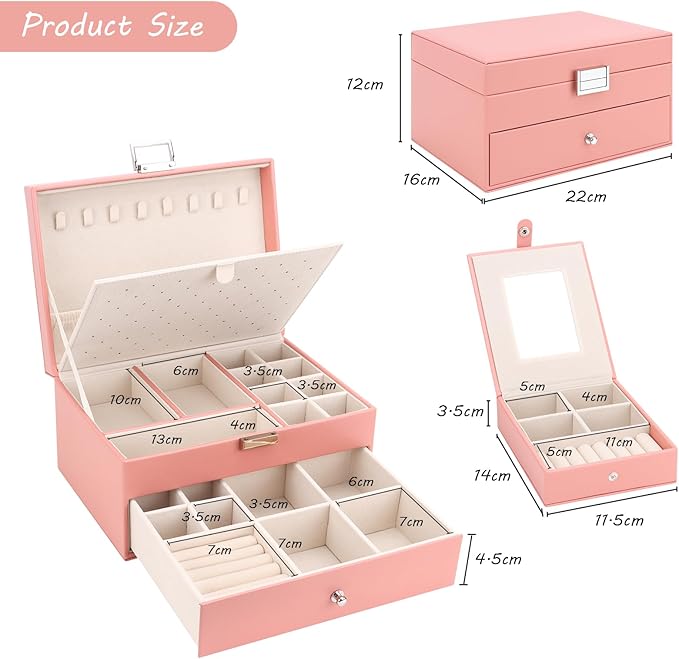DesignSter Jewelry Organizer Box, 2 Layers Large Jewelry Box with Travel Jewelry Case, Leather Jewelry Storage Case for Rings Earrings Bracelets Necklaces (Pink)