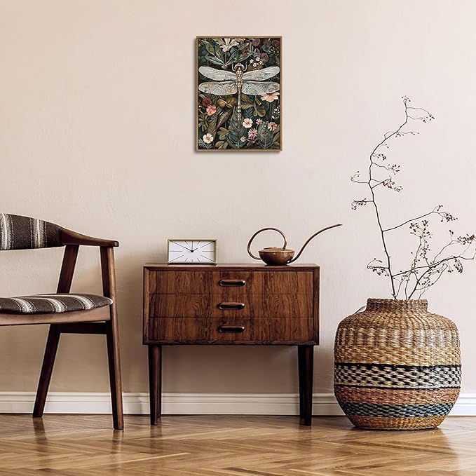 Djmwtb Vintage Framed Wall Art Dragonfly Canvas Wall Art Prints Green Botanical Painting Boho Nature Flower Pictures Artwork for Living Room Bedroom Bathroom Office 12x16in