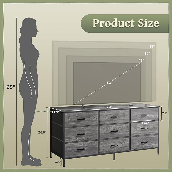 Huuger 9 Drawer Dresser for Bedroom, 47 Inch Dresser TV Stand for 50, 55 Inch TV, Entertainment Center with Drawers, Fabric Drawer with Storage, Closet, Grey