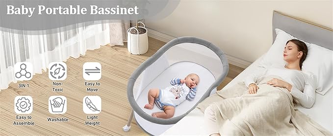 Baby bassinets,3 in1 Baby Crib, Sturdy, Portable & Easy to Assemble,Mosquito net and Portable Bag Included. (Gray)