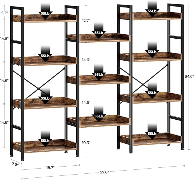 Rolanstar Bookshelf 4 Tiers with 4 Hooks, Triple Bookcase with Open Display Shelves, Industrial Wide Bookshelf with Metal Frame for Living Room, Office, Rustic Brown