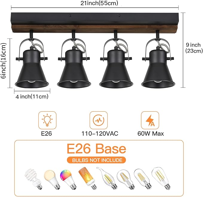 SEEBLEN 4-Light Kitchen Light Fixtures - Adjustable Ceiling/Wall Mount Spotlight, Industrial Black Track Lighting for Living Room, Dining Room, Hallway, Bathroom