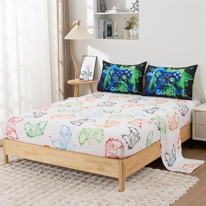 NTBED Game Console Comforter Set for Boys Girls Kids Tie Dye GamingLightweight Microfiber Gamer Bedding Sets (Blue Green, Full 5Pcs)