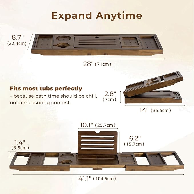 Teak Bathtub Tray Expandable Bathroom Tray for Home Spa Relaxation, Wooden Tray Caddy for Bathtub, Teak Bathtub Caddy as Unique Housewarming, Birthday, Wedding Shower Gifts (Dark Walnut)