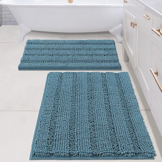 H.VERSAILTEX 2 Piece Bathroom Set - Super Absorbent Chenille Striped Bath Mats - Non Skid, Machine Washable - Turquoise Blue, 24 x 36 Plus 20 x 32 Inches
